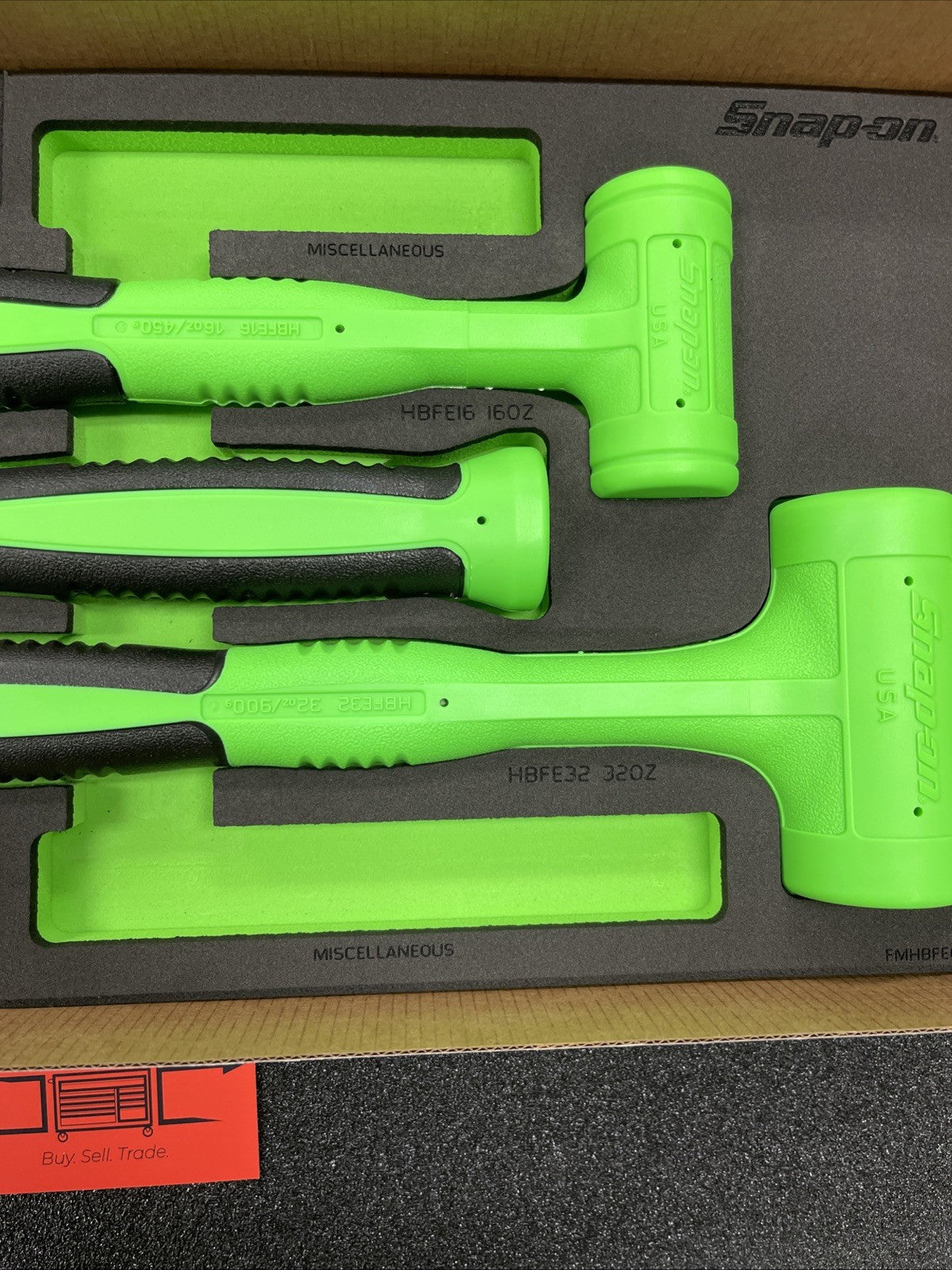 NEW Snap On HBFE301FG Green 3-pc Soft Grip Dead Blow Hammer Set (16, 32, 56oz)