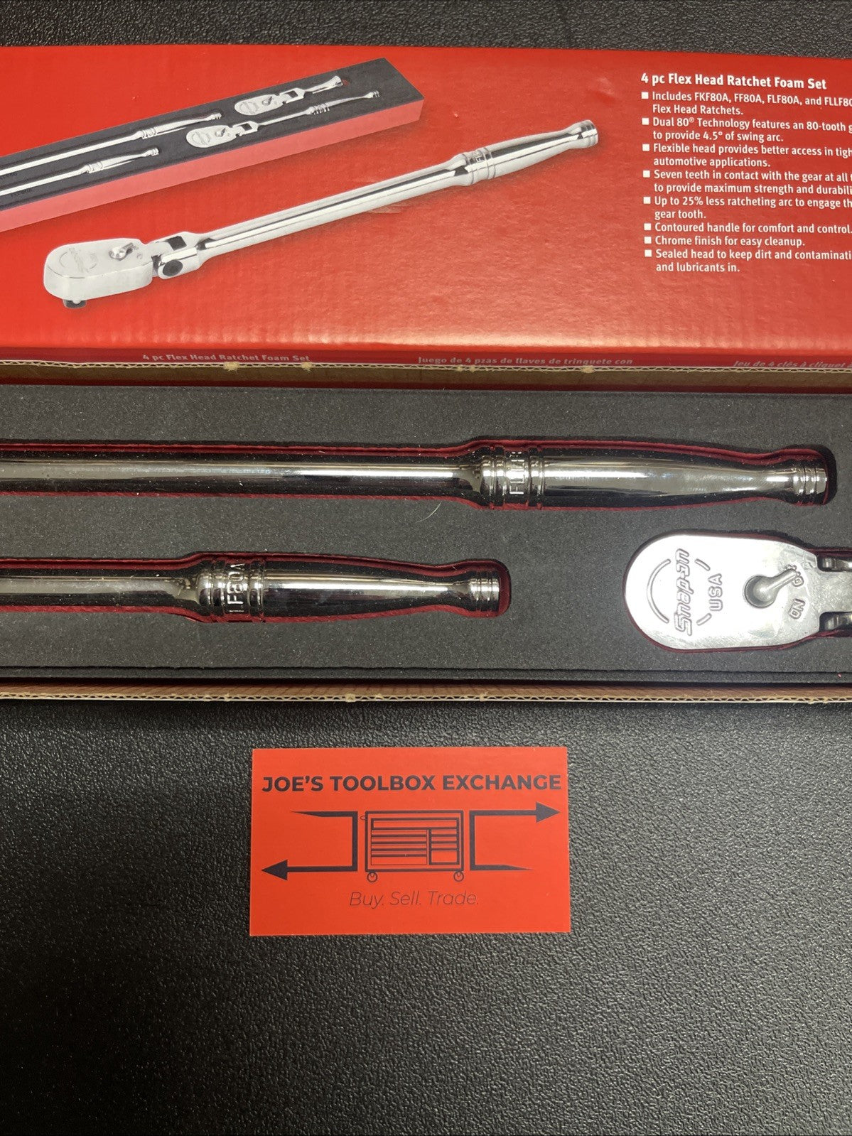 Snap-on 204RT02FR 4pc Flex Head Ratchet Red Foam Set Chrome 3/8” Drive