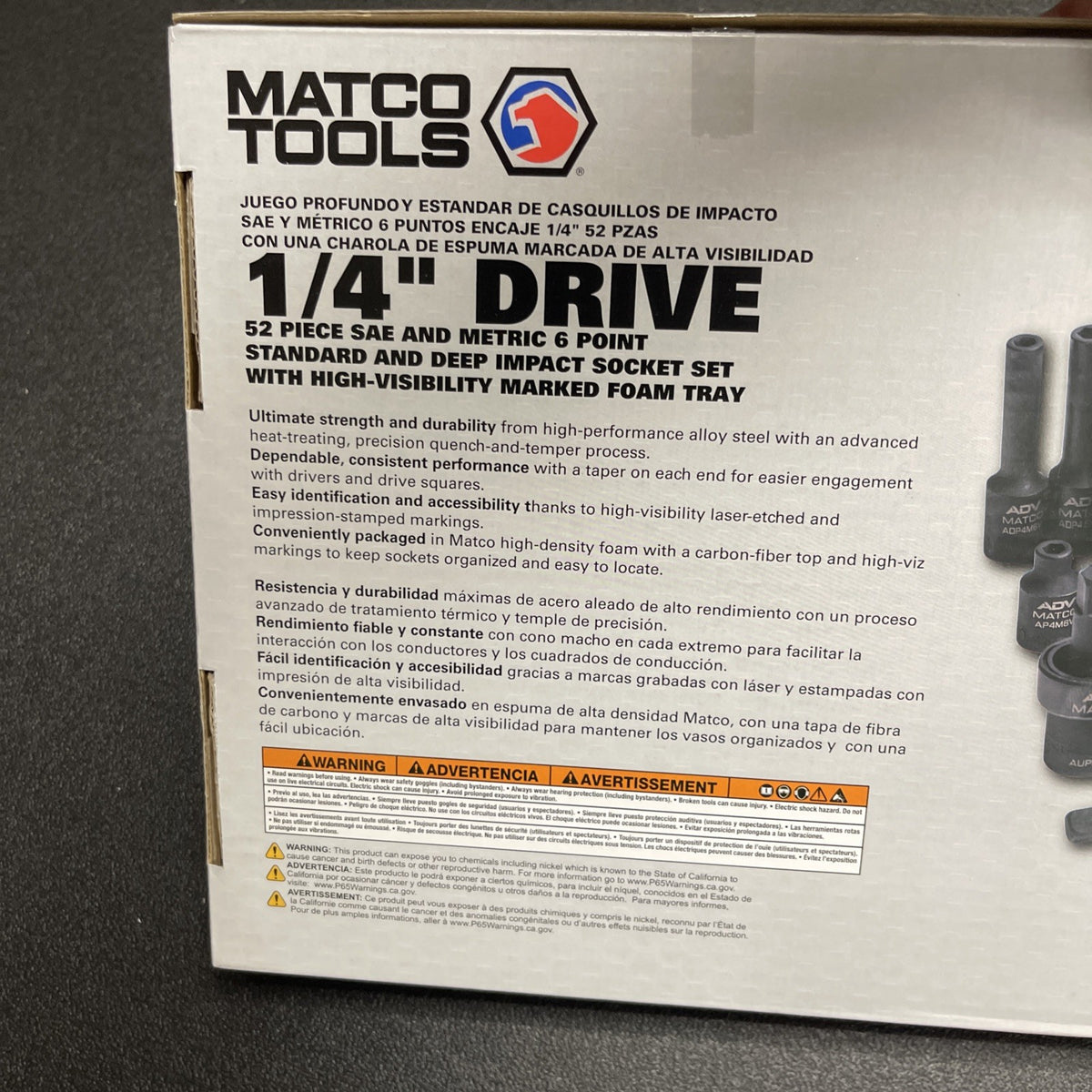 MATCO 52 PIECE 1/4 DRIVE ADV STANDARD AND DEEP SAE AND METRIC IMPACT SOCKET SET