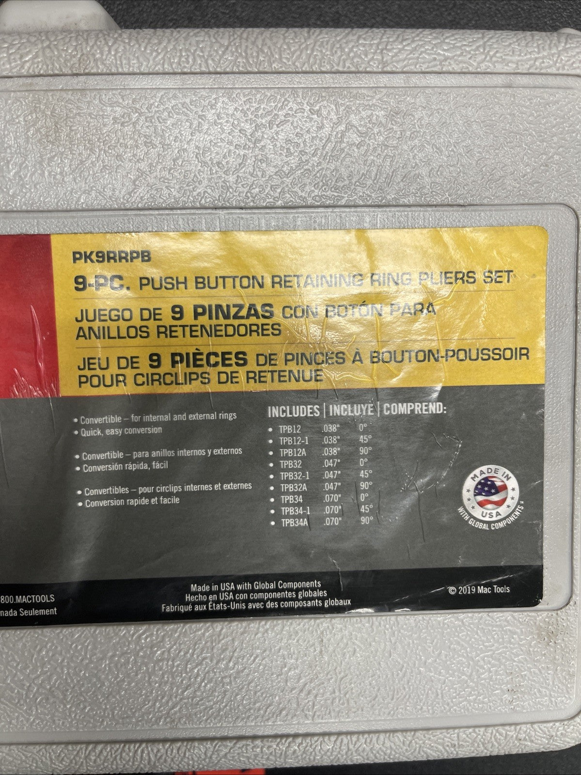 Mac Tools PK9RRPB Push Button Retaining Ring Pliers Set USA Nice (Missing 1)