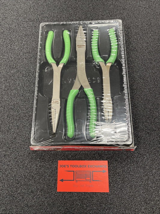 Snap-On Tools USA NEW 3 Piece GREEN Soft Grip LONG NOSE Pliers Set PL308CFG