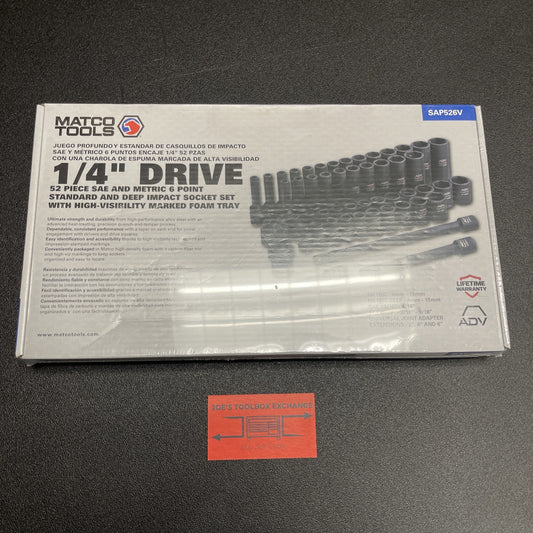 MATCO 52 PIECE 1/4 DRIVE ADV STANDARD AND DEEP SAE AND METRIC IMPACT SOCKET SET