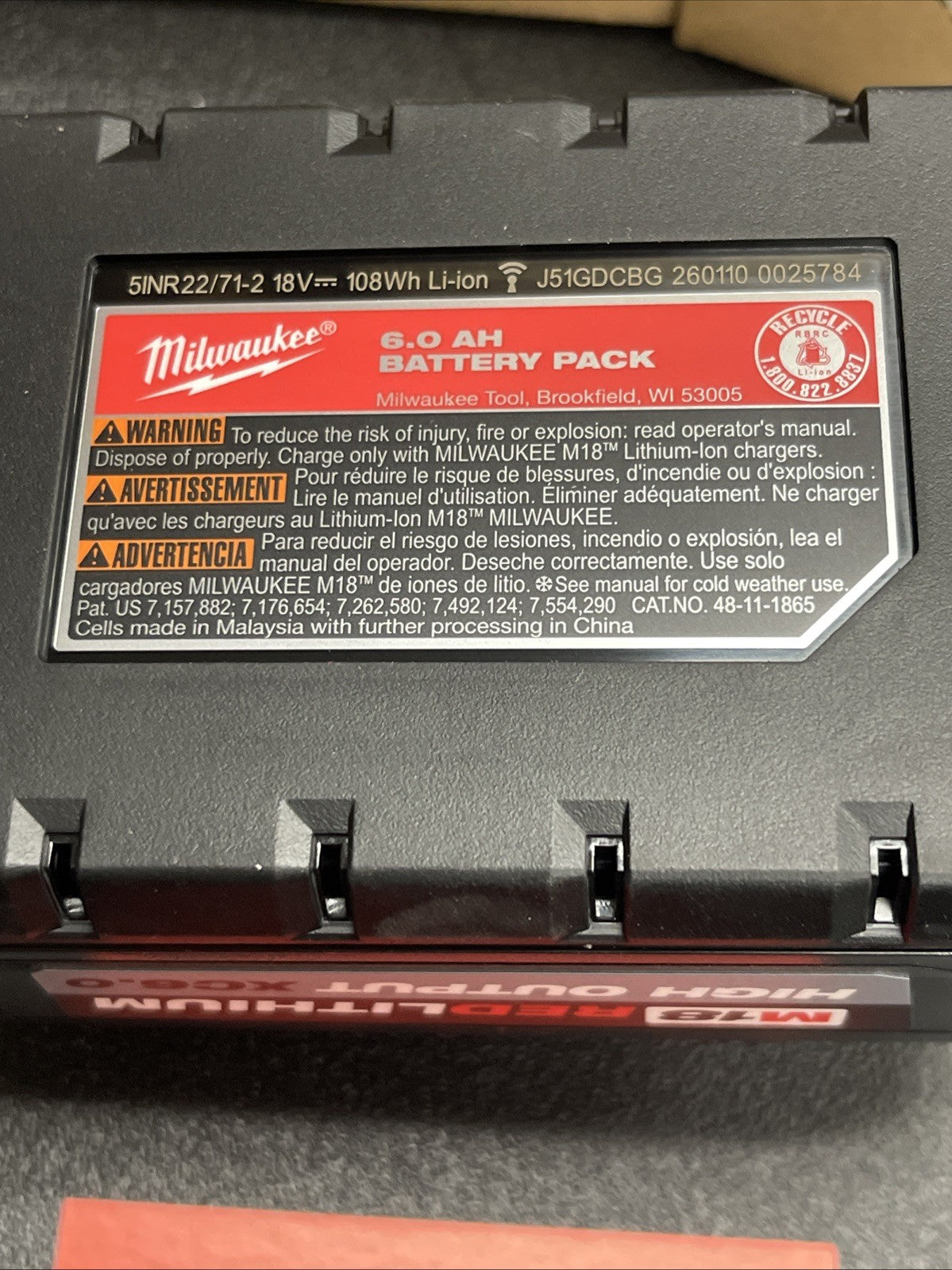 Milwaukee 48-11-1865 M18 Redlithium XC 6.0 High Output Battery Pack