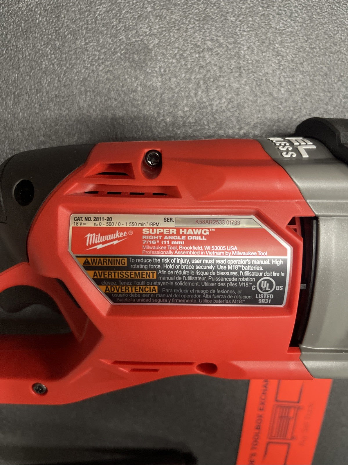 Milwaukee NEW 2811-20 M18 FUEL SUPER HAWG Right Angle Drill w/QUIK-LOK