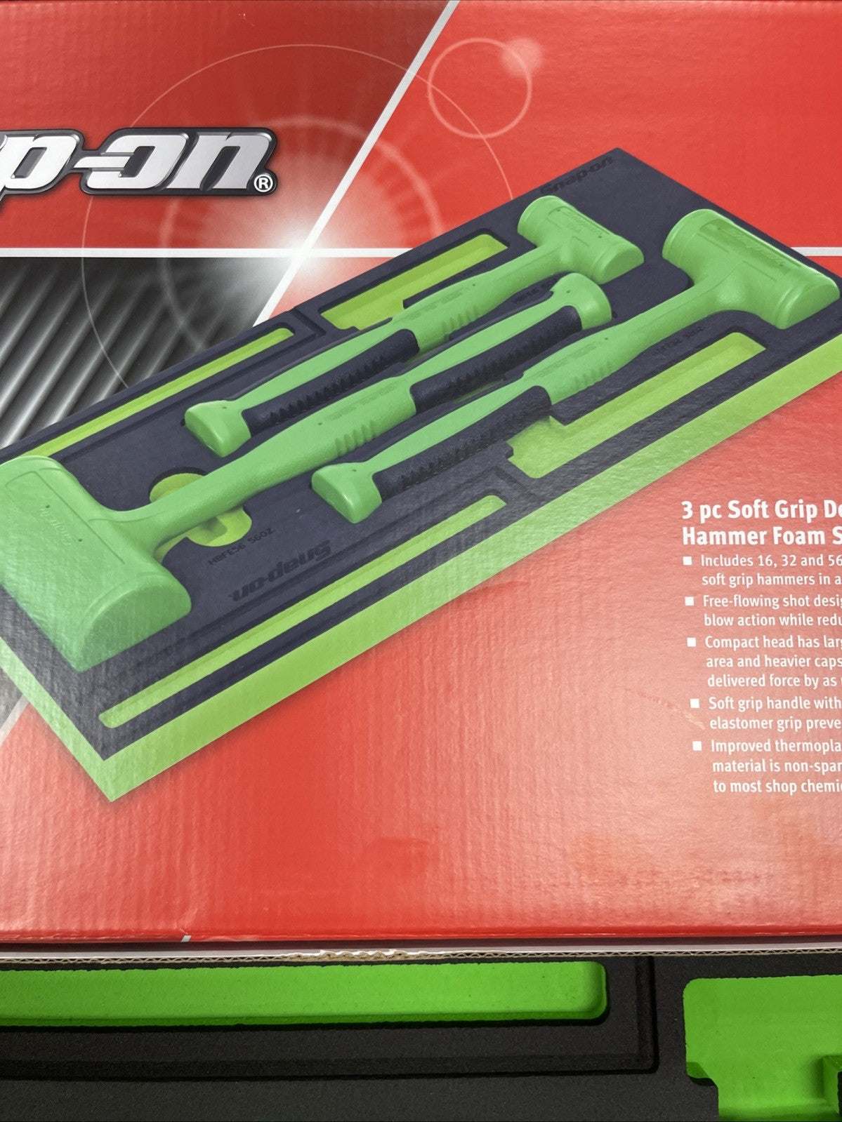 NEW Snap On HBFE301FG Green 3-pc Soft Grip Dead Blow Hammer Set (16, 32, 56oz)