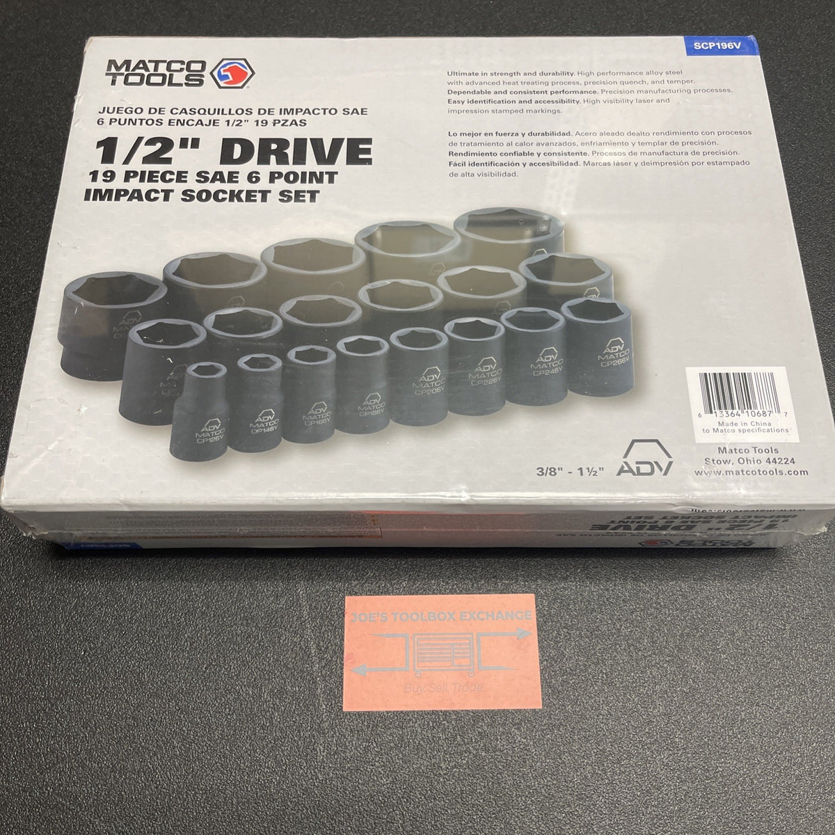 MATCO SCP196V 19 Pc.  1/2" Drive  SAE 6 Point Impact sockets set NEW