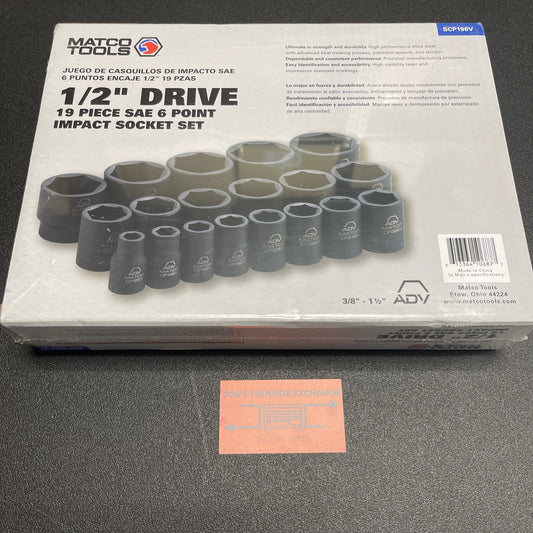 MATCO SCP196V 19 Pc.  1/2" Drive  SAE 6 Point Impact sockets set NEW