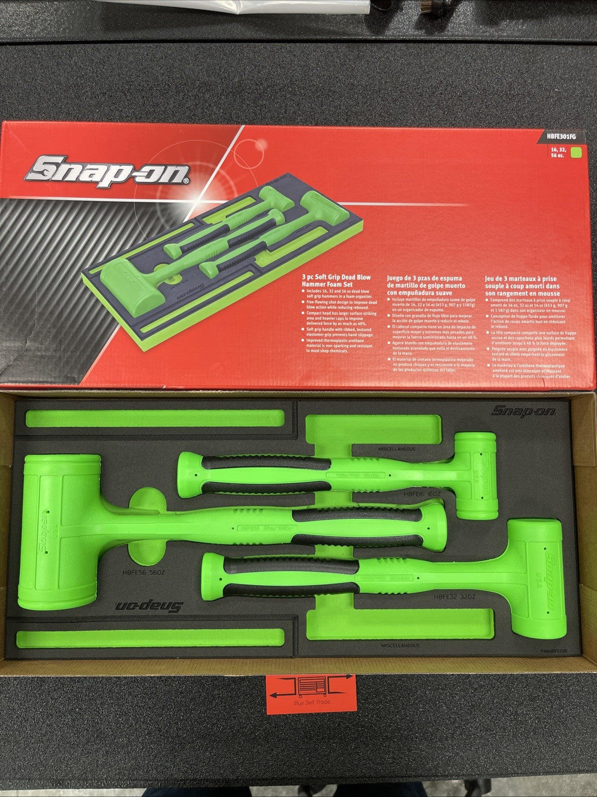 NEW Snap On HBFE301FG Green 3-pc Soft Grip Dead Blow Hammer Set (16, 32, 56oz)