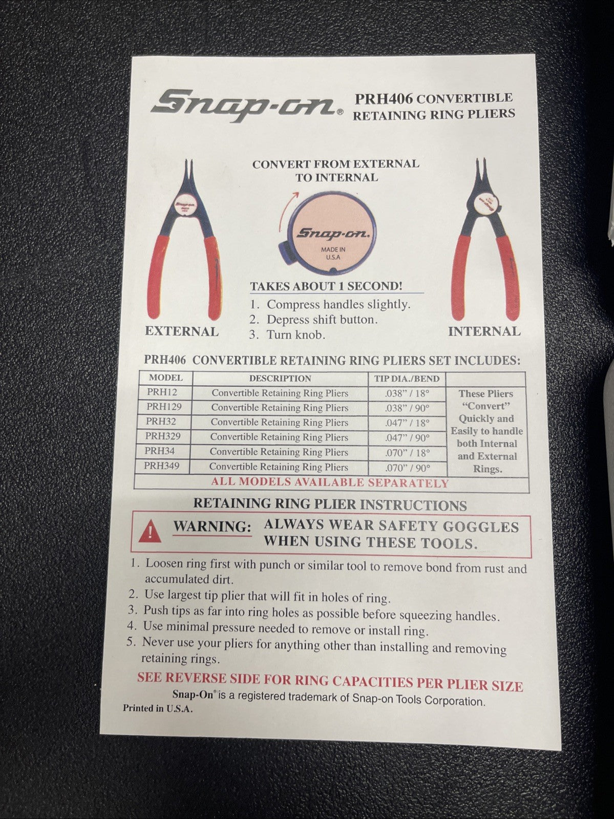Snap-on Tools PRH406 NEW 6 Piece Convertible Retainer Ring Pliers Set With Case