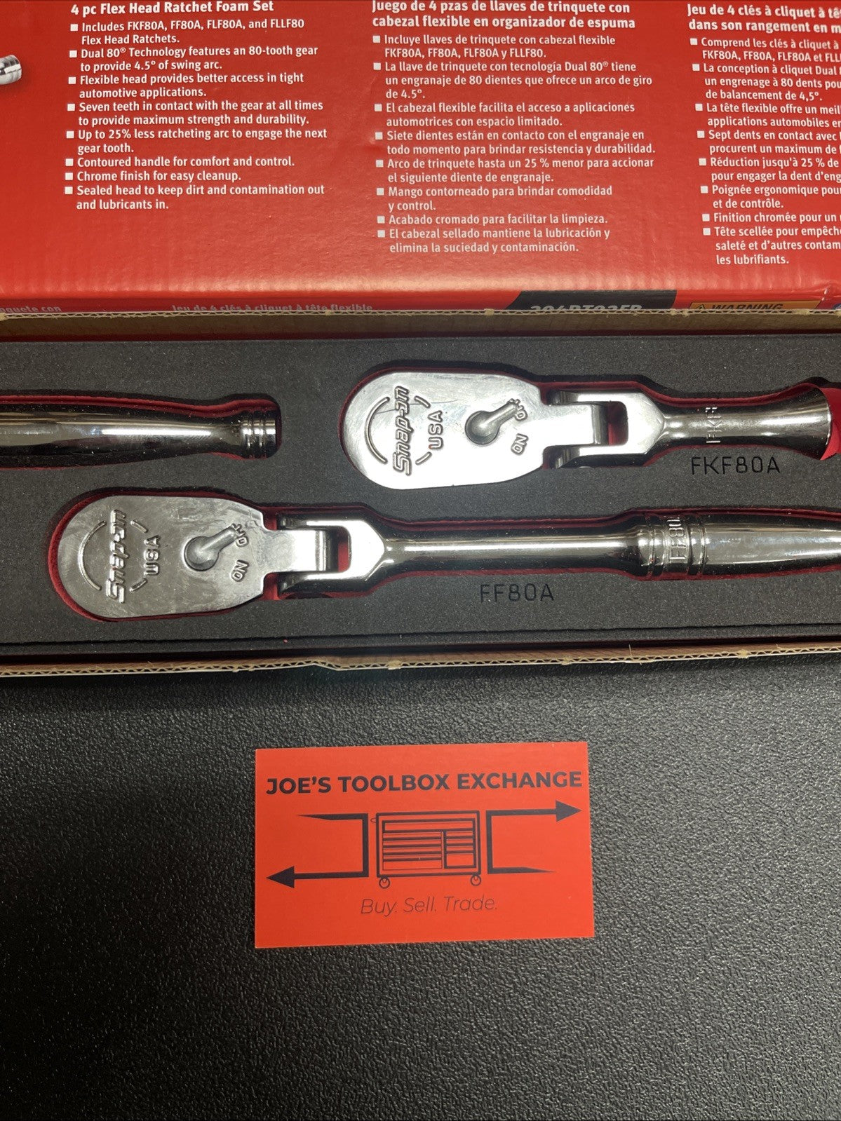 Snap-on 204RT02FR 4pc Flex Head Ratchet Red Foam Set Chrome 3/8” Drive