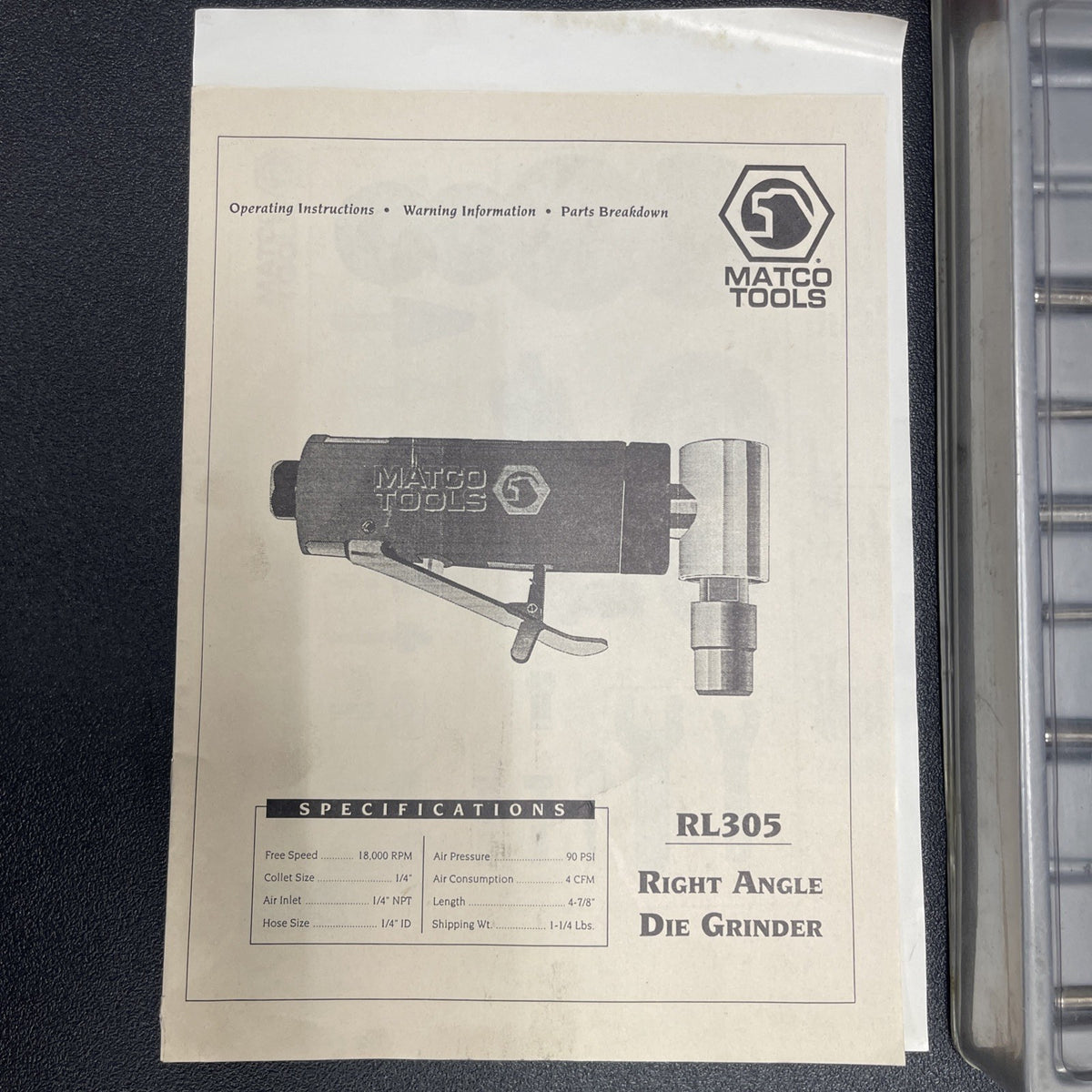 MATCO RL305A Mini Right Angle Air Die Grinder Kit