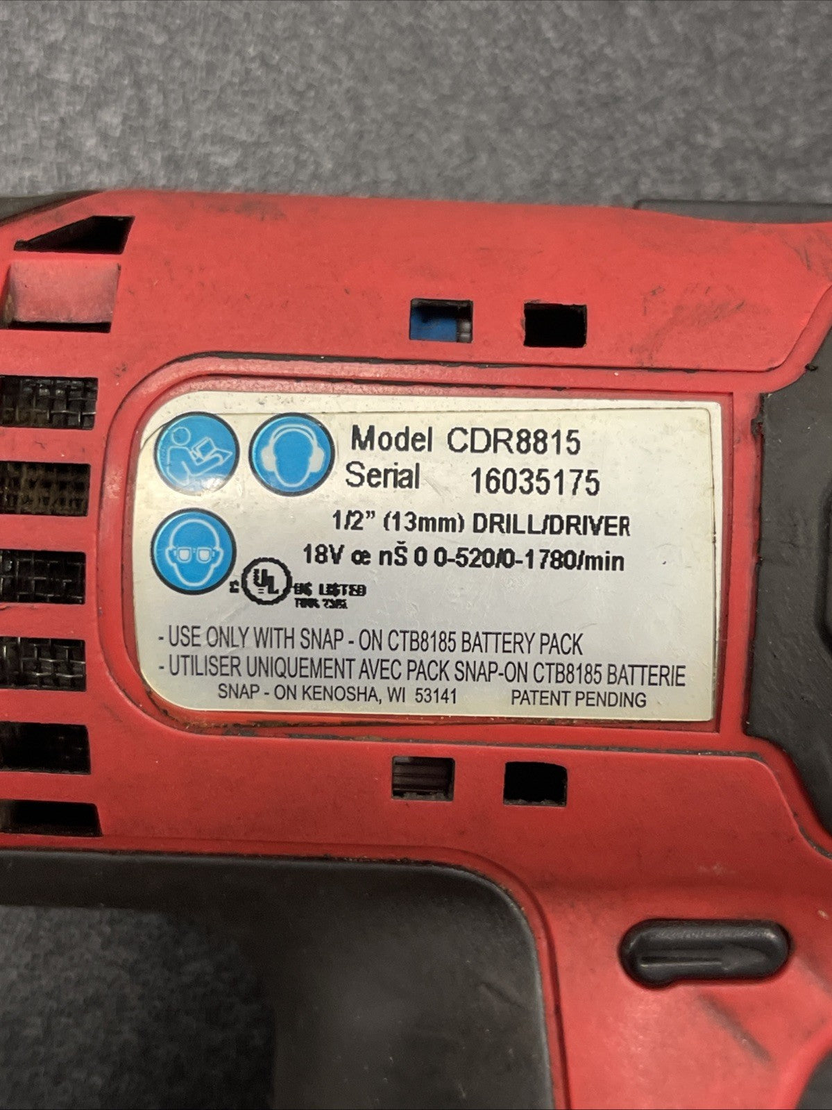 Snap On - CDR8815 -  Red 18V 2-Speed Cordless 1/2” Drill w/ Battery CTB8185 C35
