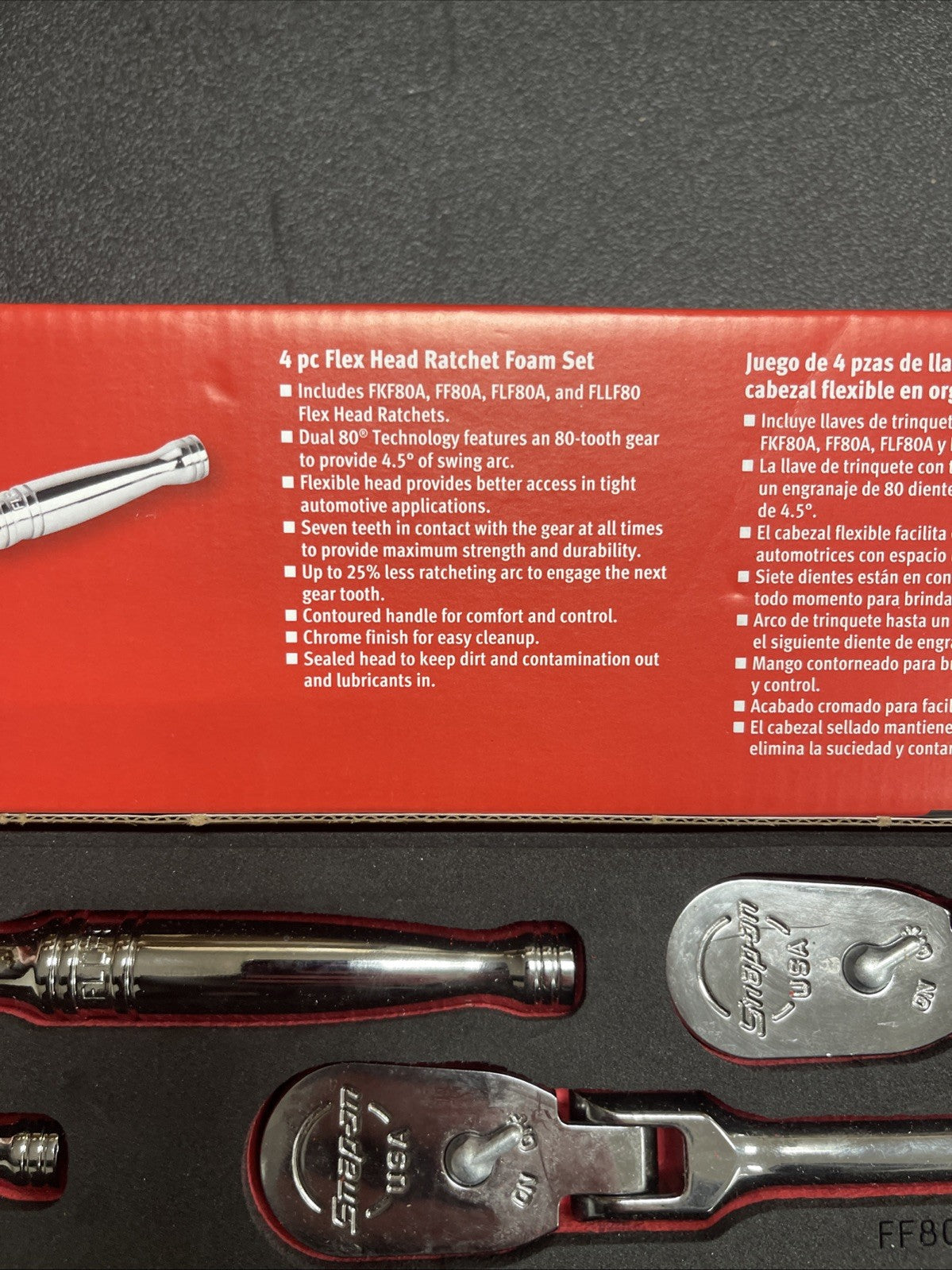 Snap-on 204RT02FR 4pc Flex Head Ratchet Red Foam Set Chrome 3/8” Drive